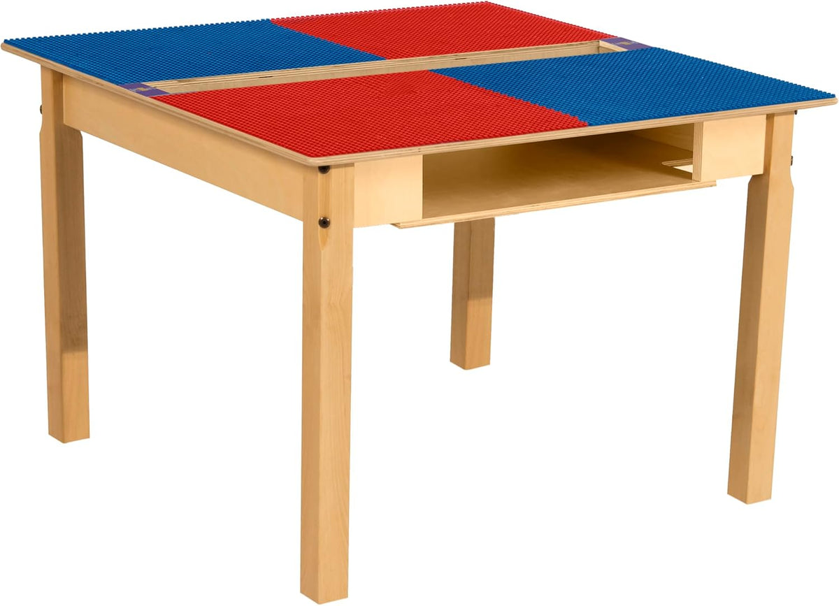 Square Time-2-Play Table with a trough and shelf, along with 22" legs and a LEGO® Compatible Grid of RED/BLUE Color