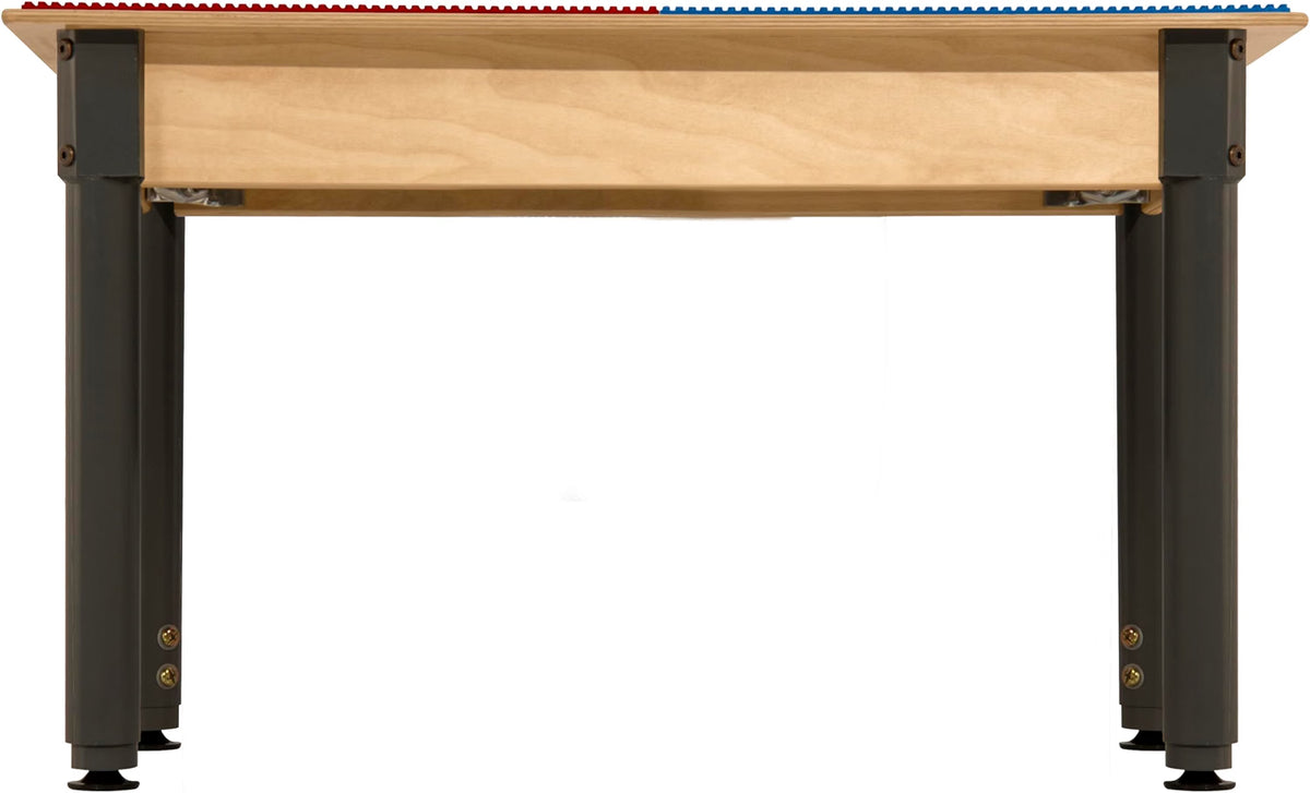 Square Time-2-Play Table with a trough and shelf, along with adjustable 18"-29" legs and a DUPLO® Compatible Grid of RED/BLUE Color