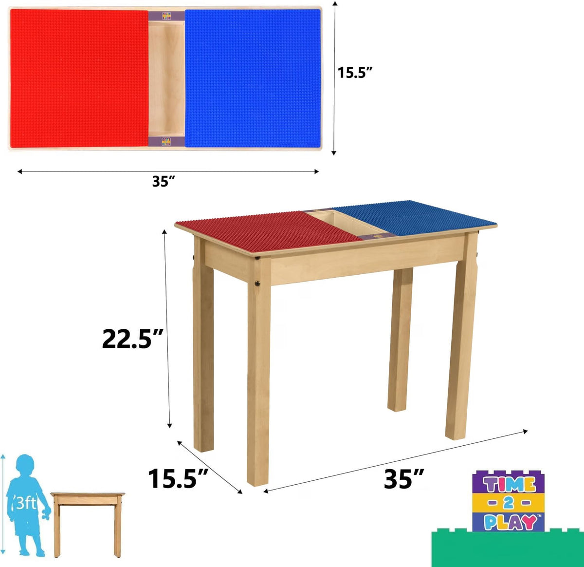 Rectangle Time-2-Play Table with a trough, along with 22" legs and a LEGO® Compatible Grid of RED/BLUE Color