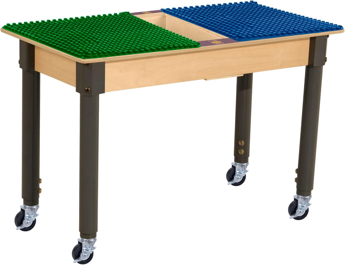 Rectangle Time-2-Play Table with a trough, along with adjustable 18"-29" legs with locking casters and a DUPLO® Compatible Grid of BLUE/GREEN Color