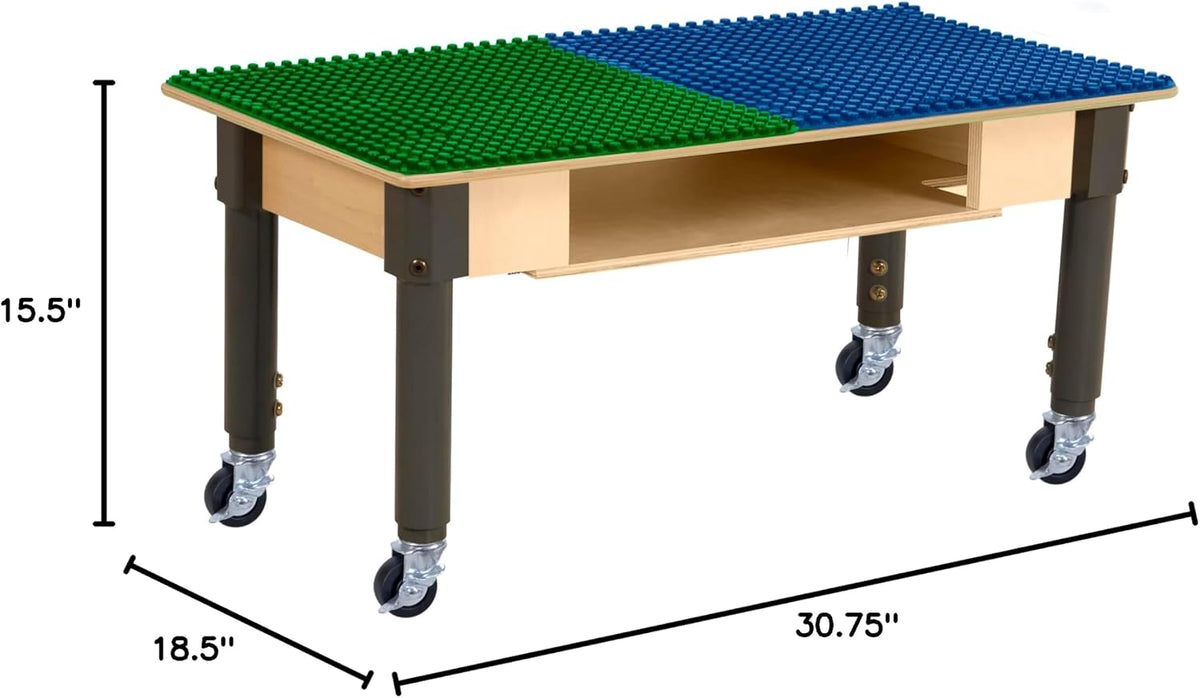 Rectangle Time-2-Play Table with a shelf, along with adjustable 12"-17" legs with locking casters and a DUPLO® Compatible Grid of BLUE/GREEN Color
