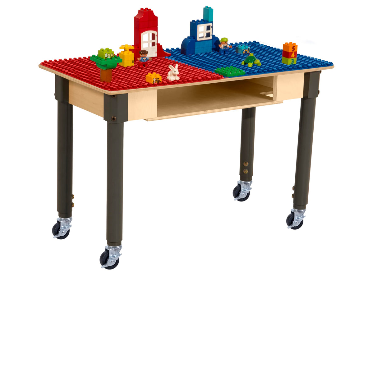 Rectangle Time-2-Play Table with a shelf, along with adjustable 18"-29" legs with locking casters and a DUPLO® Compatible Grid of RED/BLUE Color
