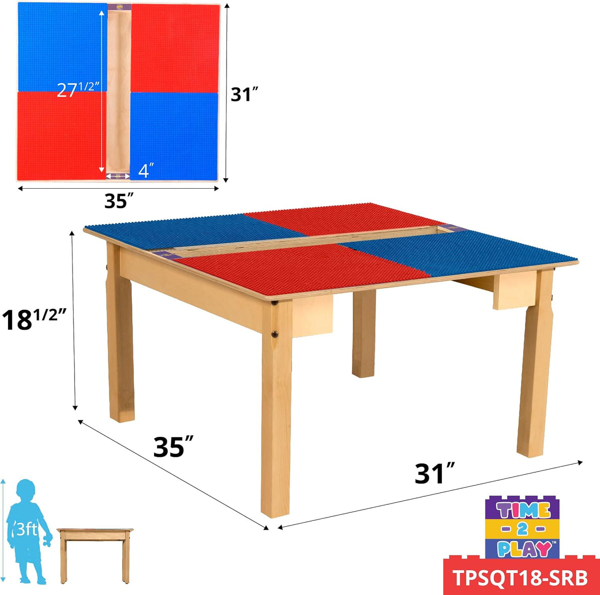 Square Time-2-Play Table with a trough, along with 18" legs and a LEGO® Compatible Grid of RED/BLUE Color
