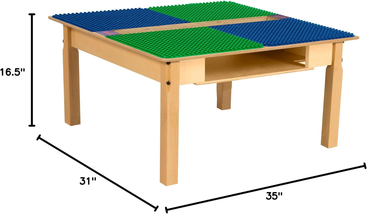 Square Time-2-Play Table with a trough and shelf, along with 16" legs and a DUPLO® Compatible Grid of BLUE/GREEN Color