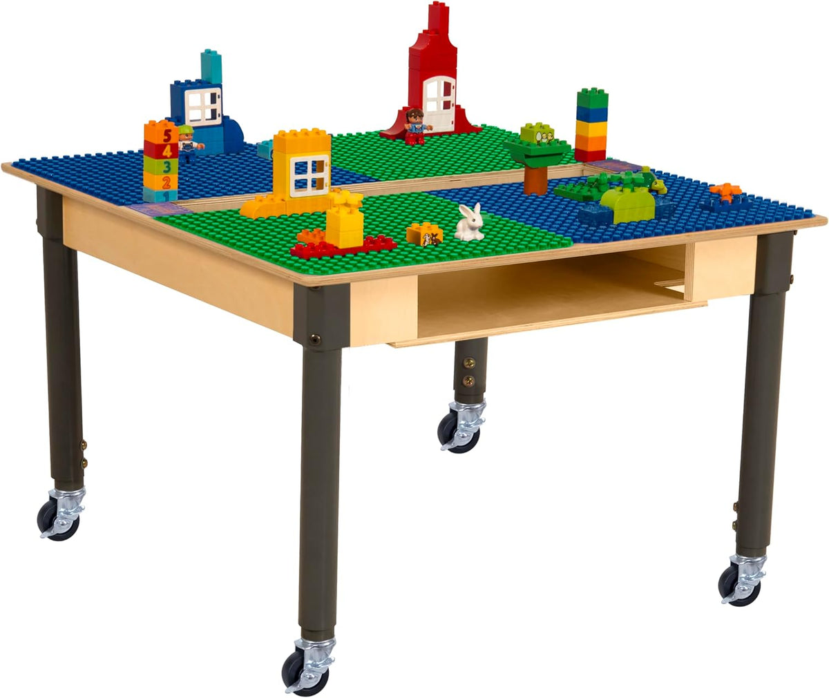 Square Time-2-Play Table with a trough and shelf, along with adjustable 18"-29" legs with locking casters and a DUPLO® Compatible Grid of BLUE/GREEN Color