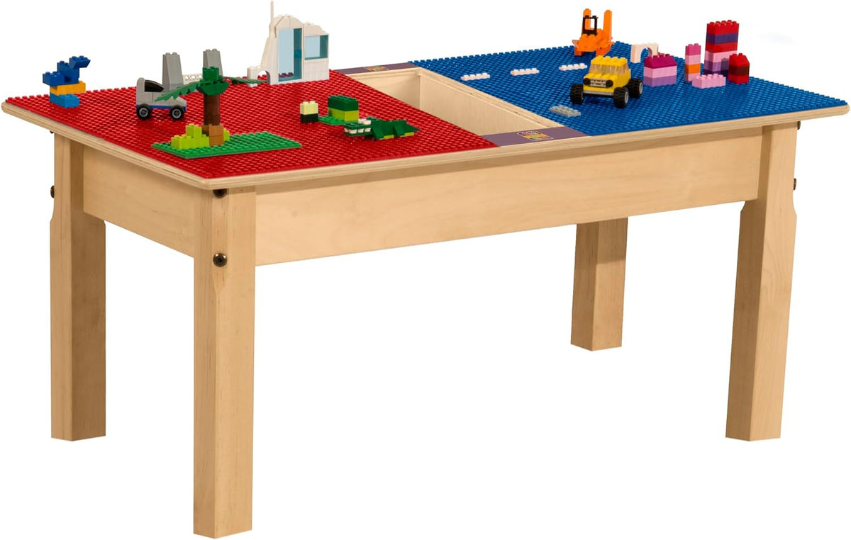 Rectangle Time-2-Play Table with a trough, along with 14" legs and a LEGO® Compatible Grid of RED/BLUE Color