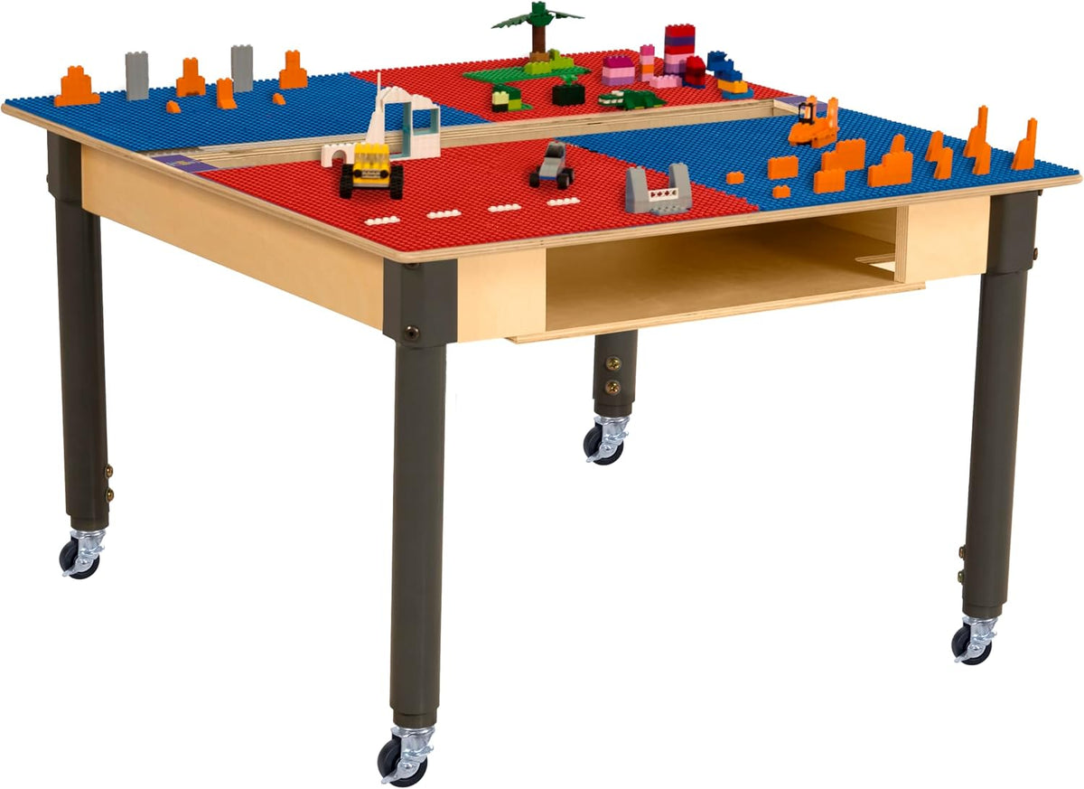 Square Time-2-Play Table with a trough and shelf, along with adjustable 18"-29" legs with locking casters and a LEGO® Compatible Grid of RED/BLUE Color