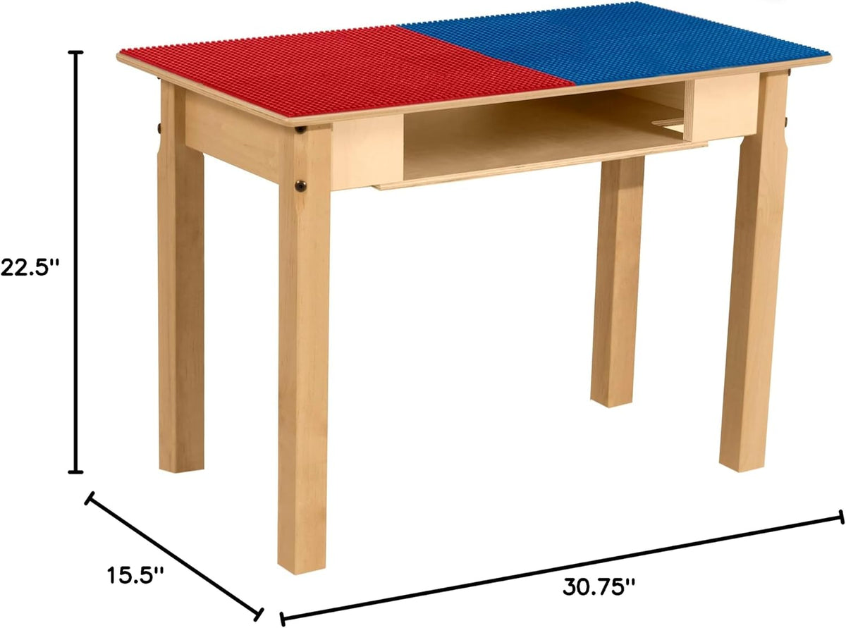 Rectangle Time-2-Play Table with a shelf, along with 22" legs and a LEGO® Compatible Grid of RED/BLUE Color