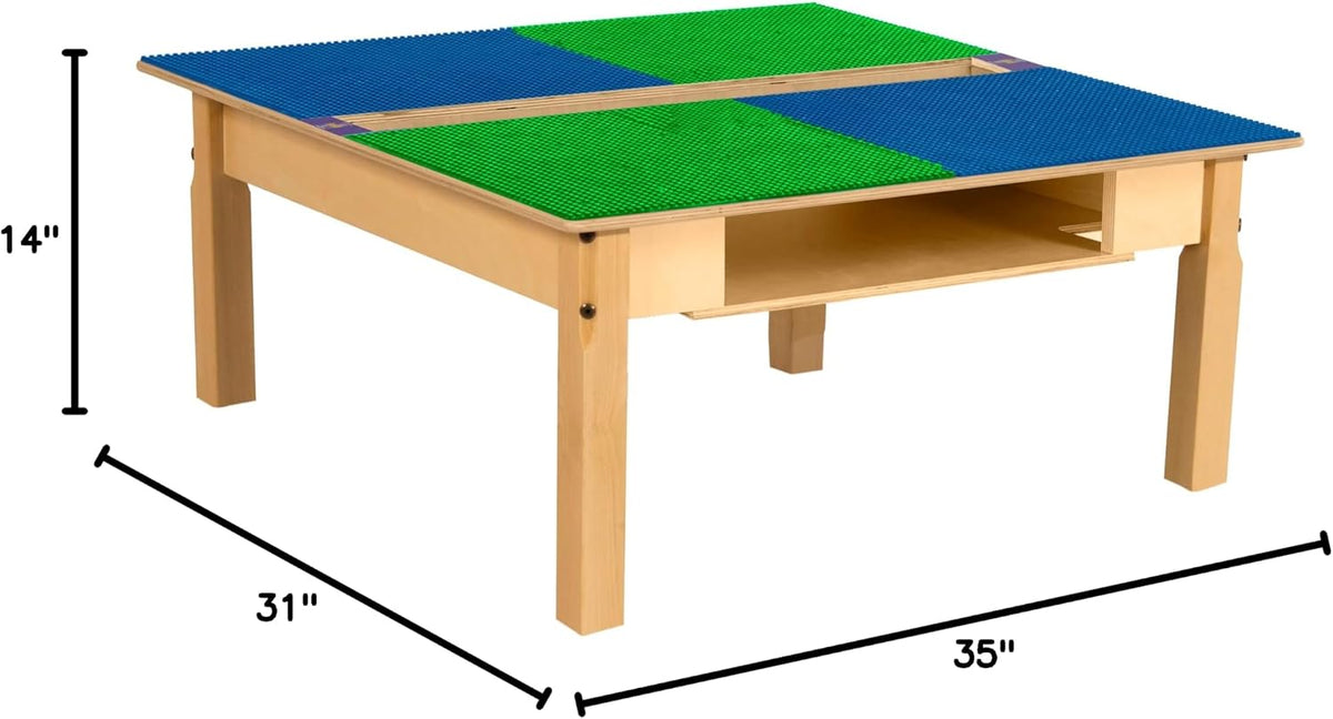 Square Time-2-Play Table with a trough and shelf, along with 14" legs and a DUPLO® Compatible Grid of BLUE/GREEN Color