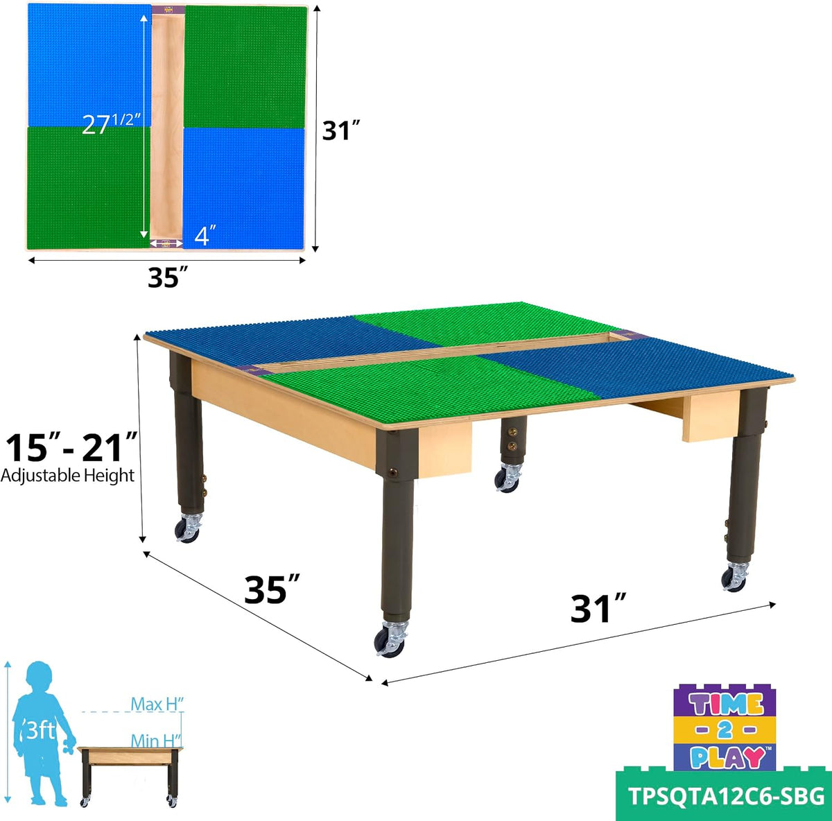 Square Time-2-Play Table with a trough, along with adjustable 12"-18" legs with locking casters and a LEGO® Compatible Grid of BLUE/GREEN Color