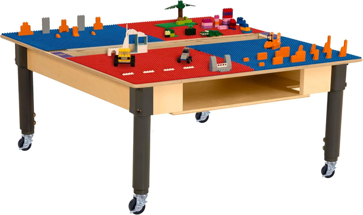 Square Time-2-Play Table with a trough and shelf, along with adjustable 12"-17" legs with locking casters and a LEGO® Compatible Grid of RED/BLUE Color