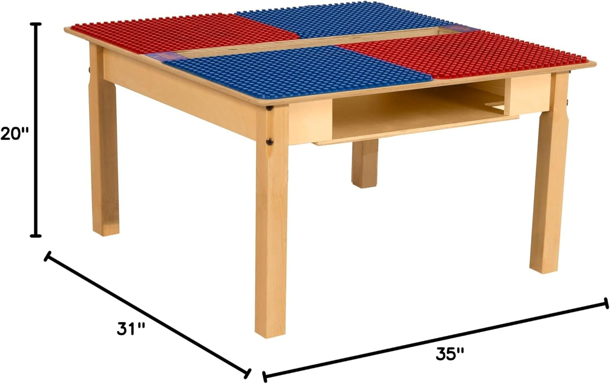 Square Time-2-Play Table with a trough and shelf, along with 20" legs and a DUPLO® Compatible Grid of RED/BLUE Color
