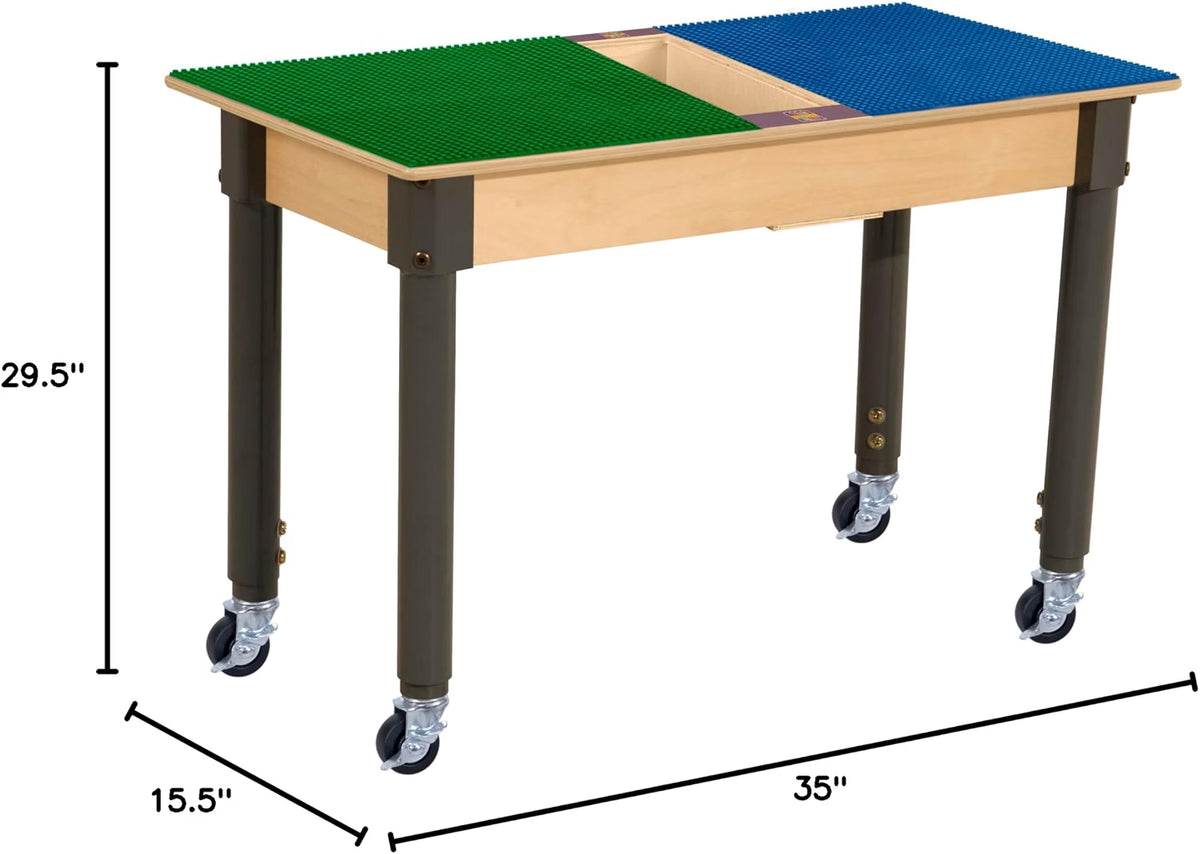 Rectangle Time-2-Play Table with a trough, along with adjustable 18"-29" legs with locking casters and a LEGO® Compatible Grid of BLUE/GREEN Color