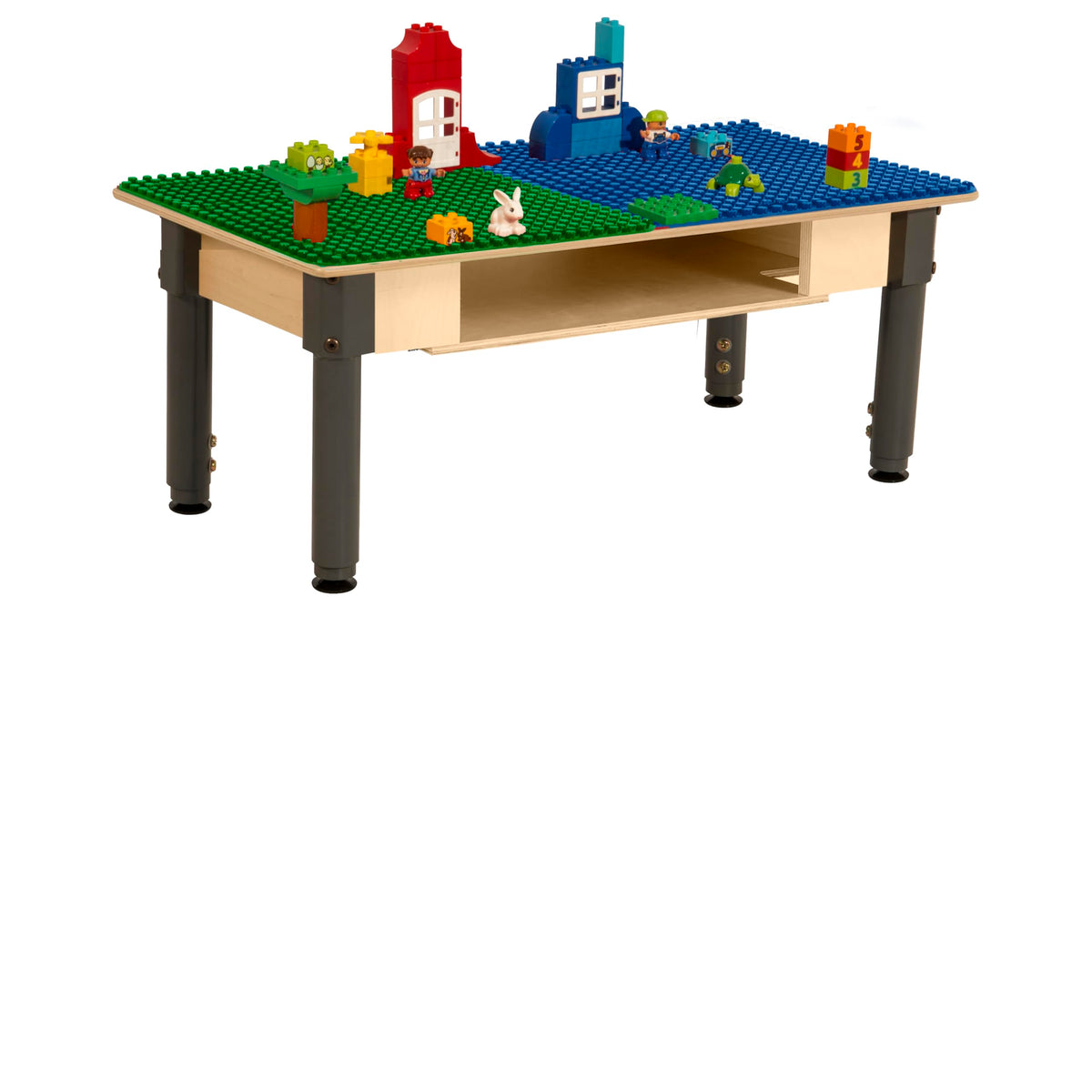 Rectangle Time-2-Play Table with a shelf, along with adjustable 12"-17" legs and a DUPLO® Compatible Grid of BLUE/GREEN Color