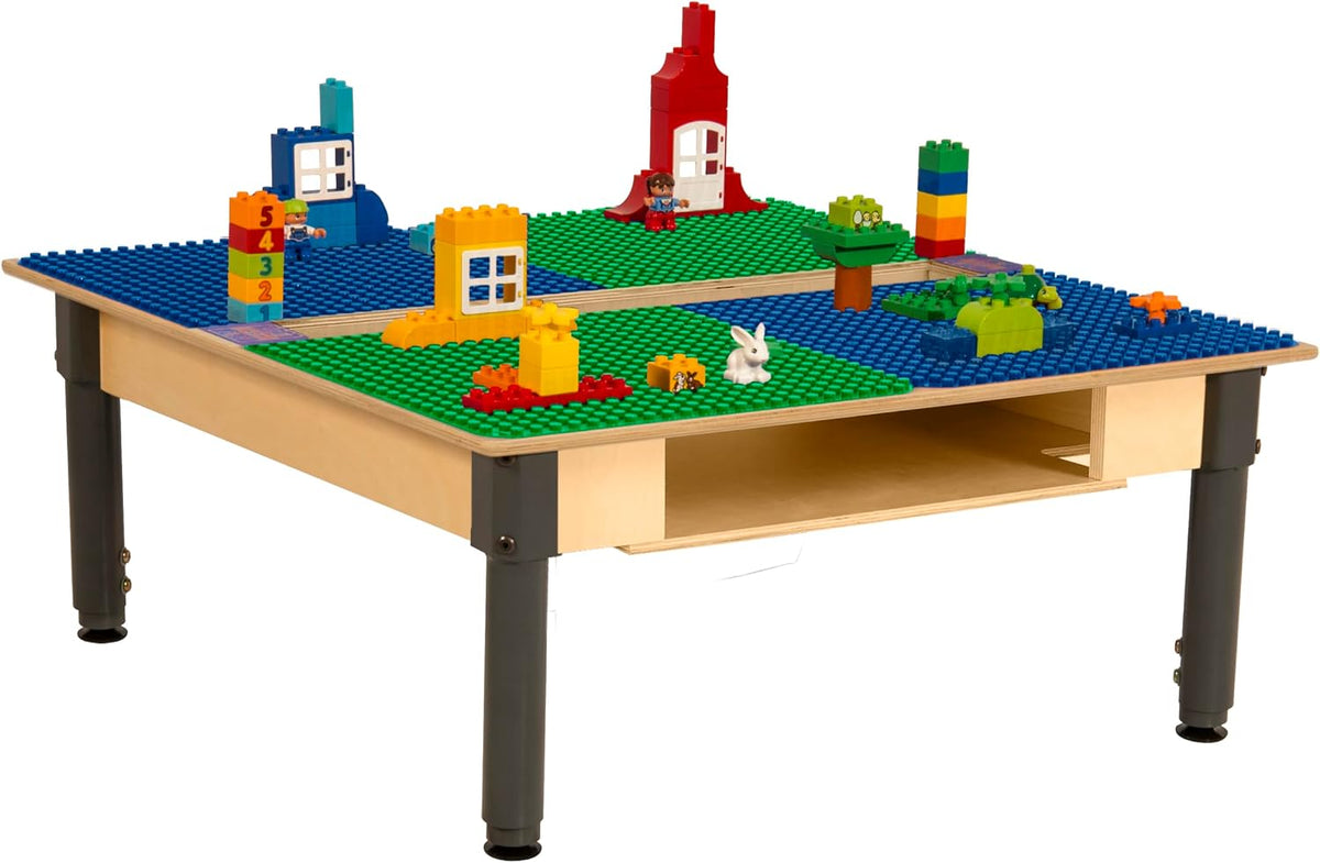 Square Time-2-Play Table with a trough and shelf, along with adjustable 12"-17" legs and a DUPLO® Compatible Grid of BLUE/GREEN Color