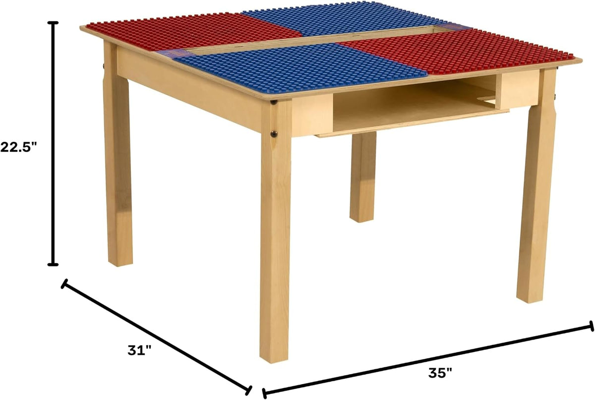 Square Time-2-Play Table with a trough and shelf, along with 22" legs and a DUPLO® Compatible Grid of RED/BLUE Color