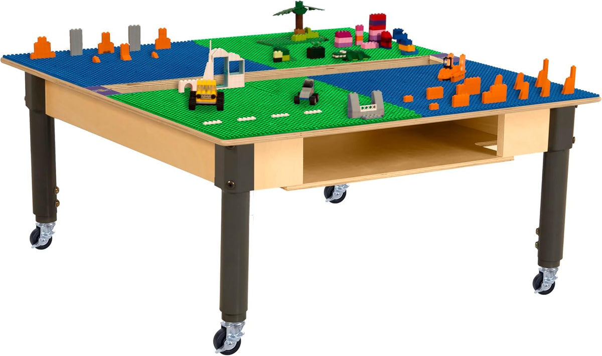 Square Time-2-Play Table with a trough and shelf, along with adjustable 12"-18" legs with locking casters and a LEGO® Compatible Grid of BLUE/GREEN Color
