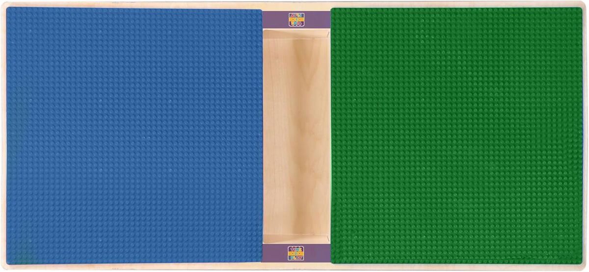 Rectangle Time-2-Play Table with a trough, along with 18" legs and a LEGO® Compatible Grid of BLUE/GREEN Color
