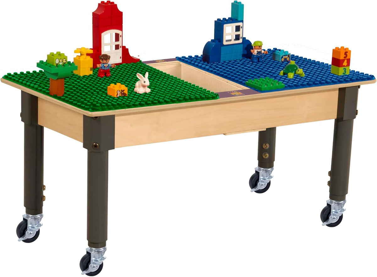 Rectangle Time-2-Play Table with a trough, along with adjustable 12"-17" legs with locking casters and a DUPLO® Compatible Grid of BLUE/GREEN Color