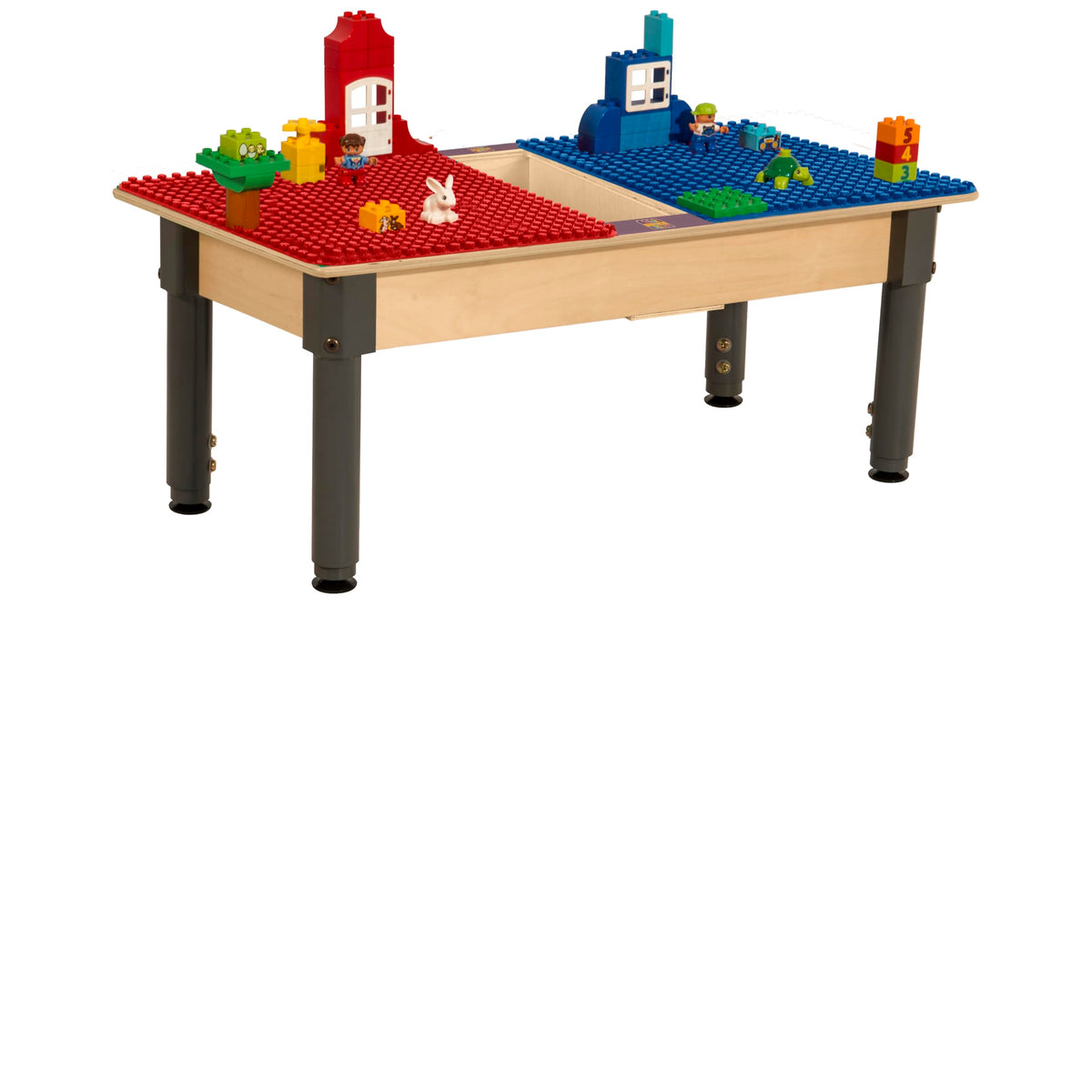 Rectangle Time-2-Play Table with a trough, along with adjustable 12"-17" legs and a DUPLO® Compatible Grid of RED/BLUE Color