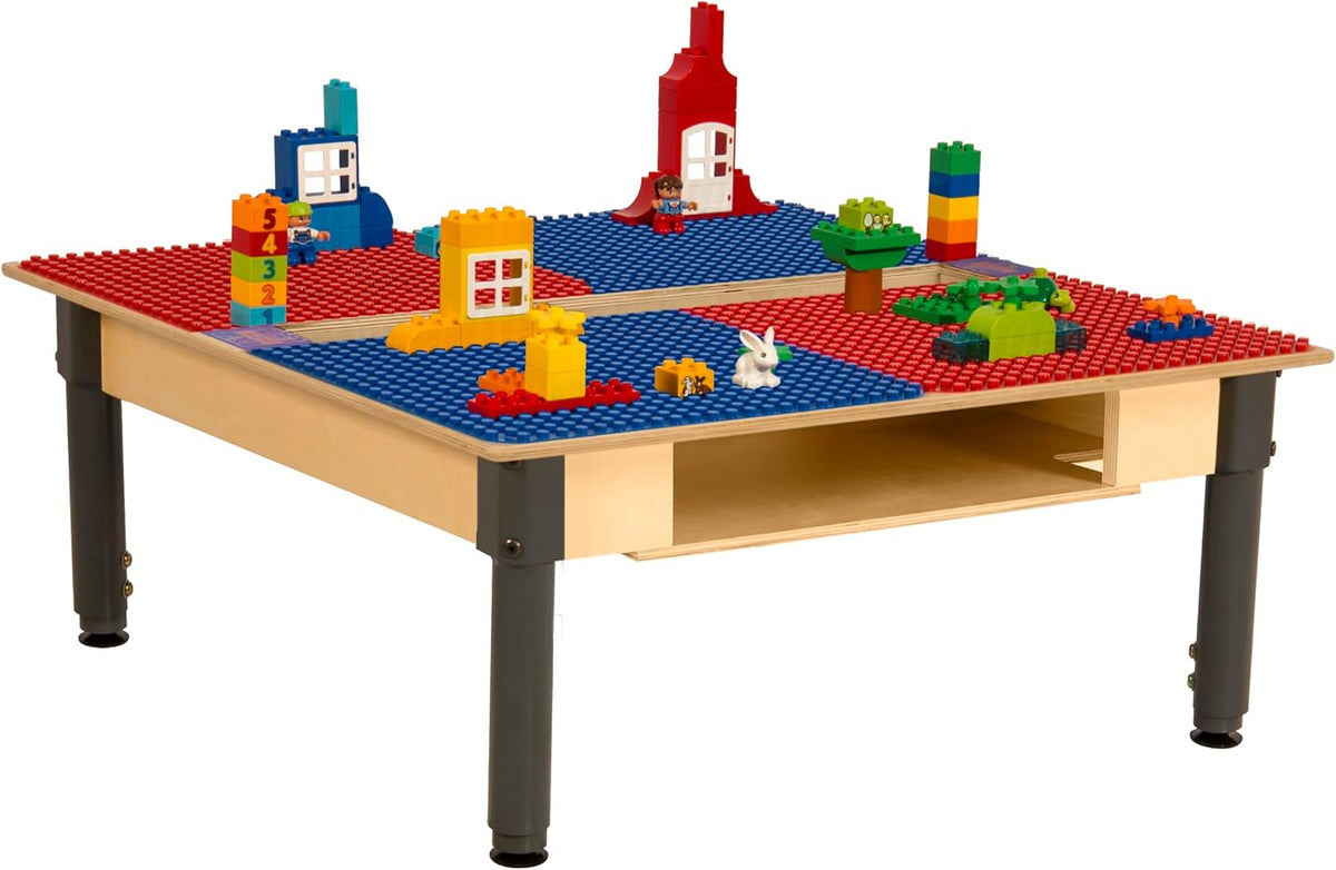 Square Time-2-Play Table with a trough and shelf, along with adjustable 12"-17" legs and a DUPLO® Compatible Grid of RED/BLUE Color