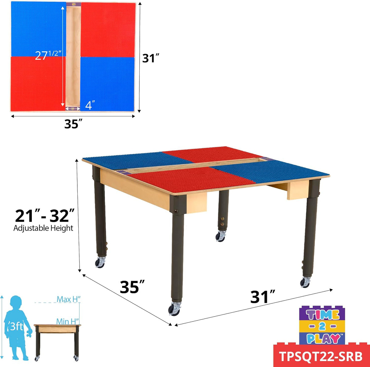 Square Time-2-Play Table with a trough, along with adjustable 18"-29" legs with locking casters and a LEGO® Compatible Grid of RED/BLUE Color