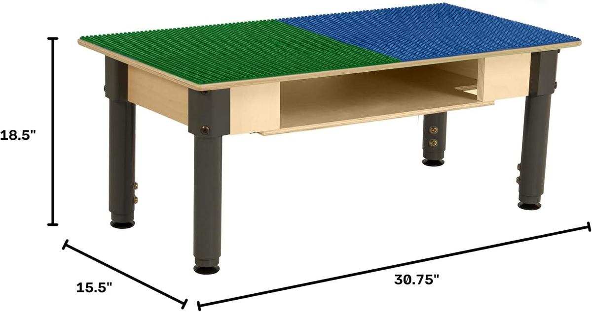 Rectangle Time-2-Play Table with a shelf, along with adjustable 12"-17" legs and a LEGO® Compatible Grid of BLUE/GREEN Color