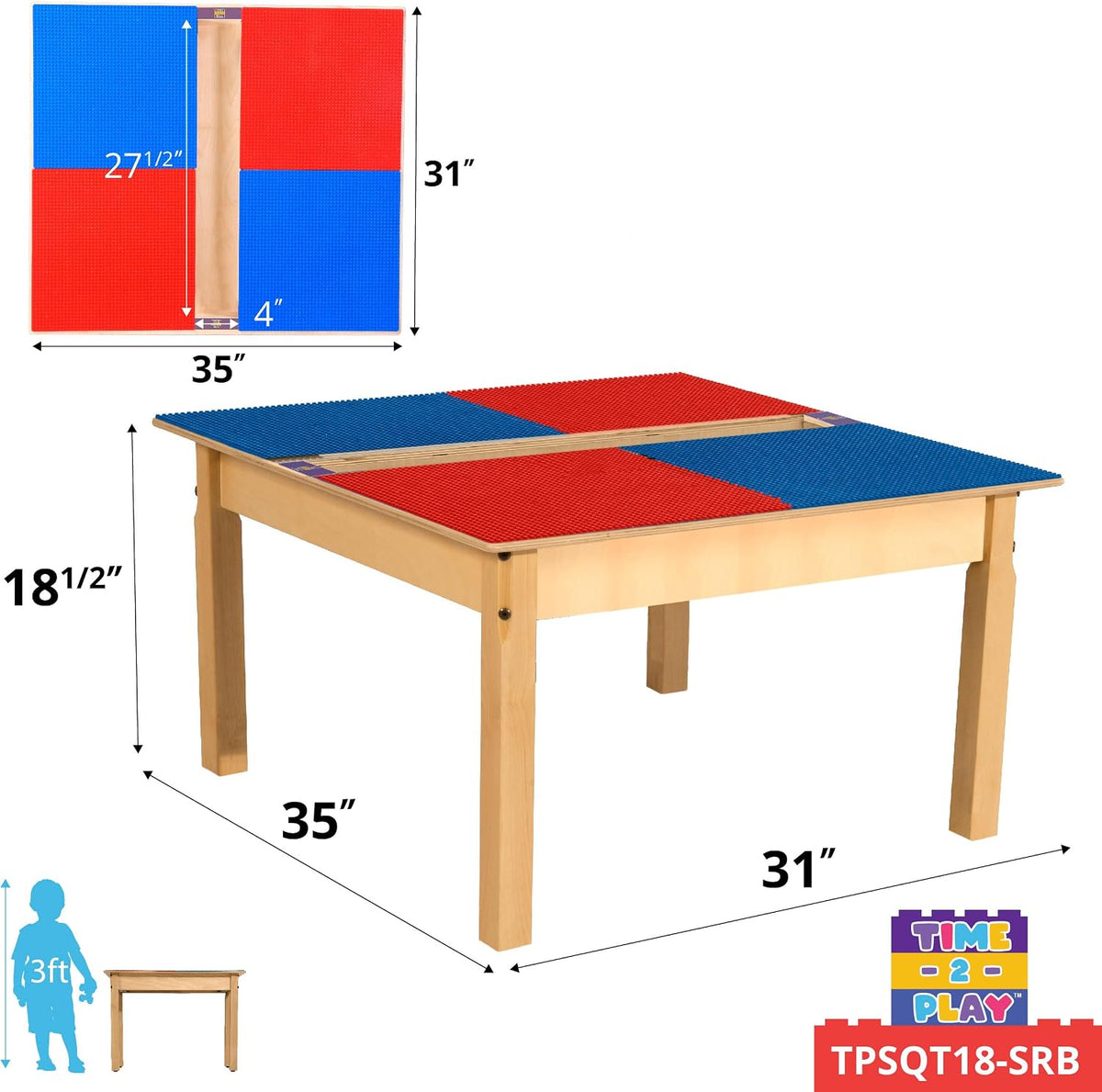 Square Time-2-Play Table with a trough, along with 18" legs and a DUPLO® Compatible Grid of RED/BLUE Color