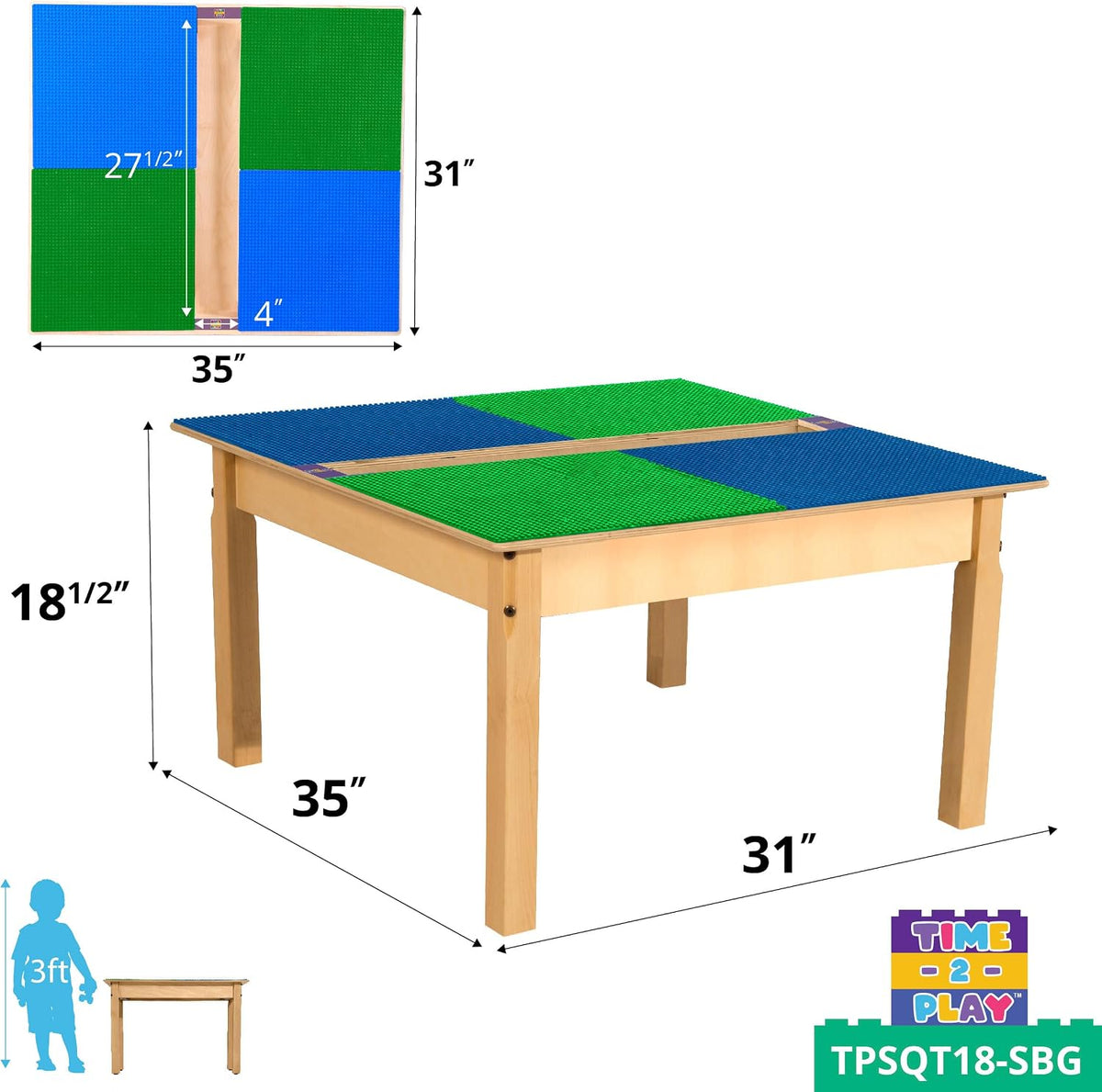 Square Time-2-Play Table with a trough, along with 18" legs and a DUPLO® Compatible Grid of BLUE/GREEN Color