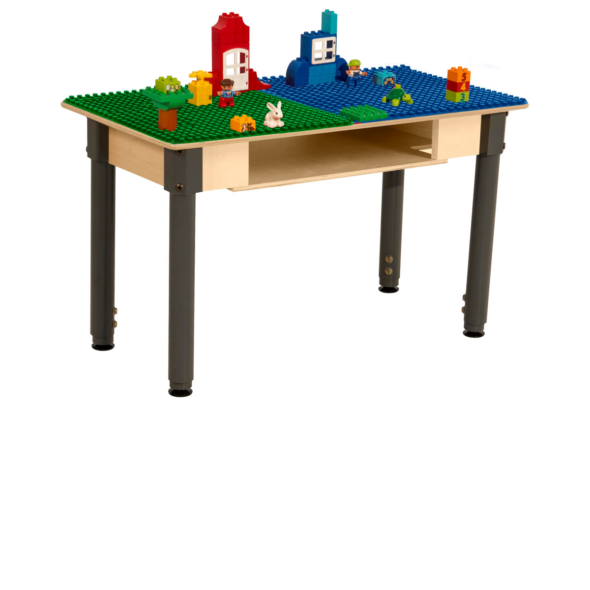 Rectangle Time-2-Play Table with a shelf, along with adjustable 18"-29" legs and a DUPLO® Compatible Grid of BLUE/GREEN Color