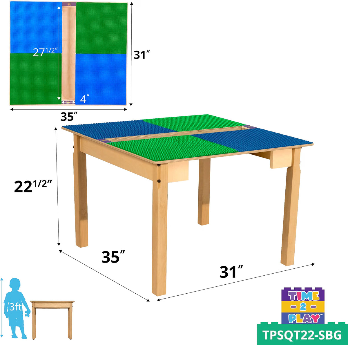 Square Time-2-Play Table with a trough, along with 22" legs and a LEGO® Compatible Grid of BLUE/GREEN Color