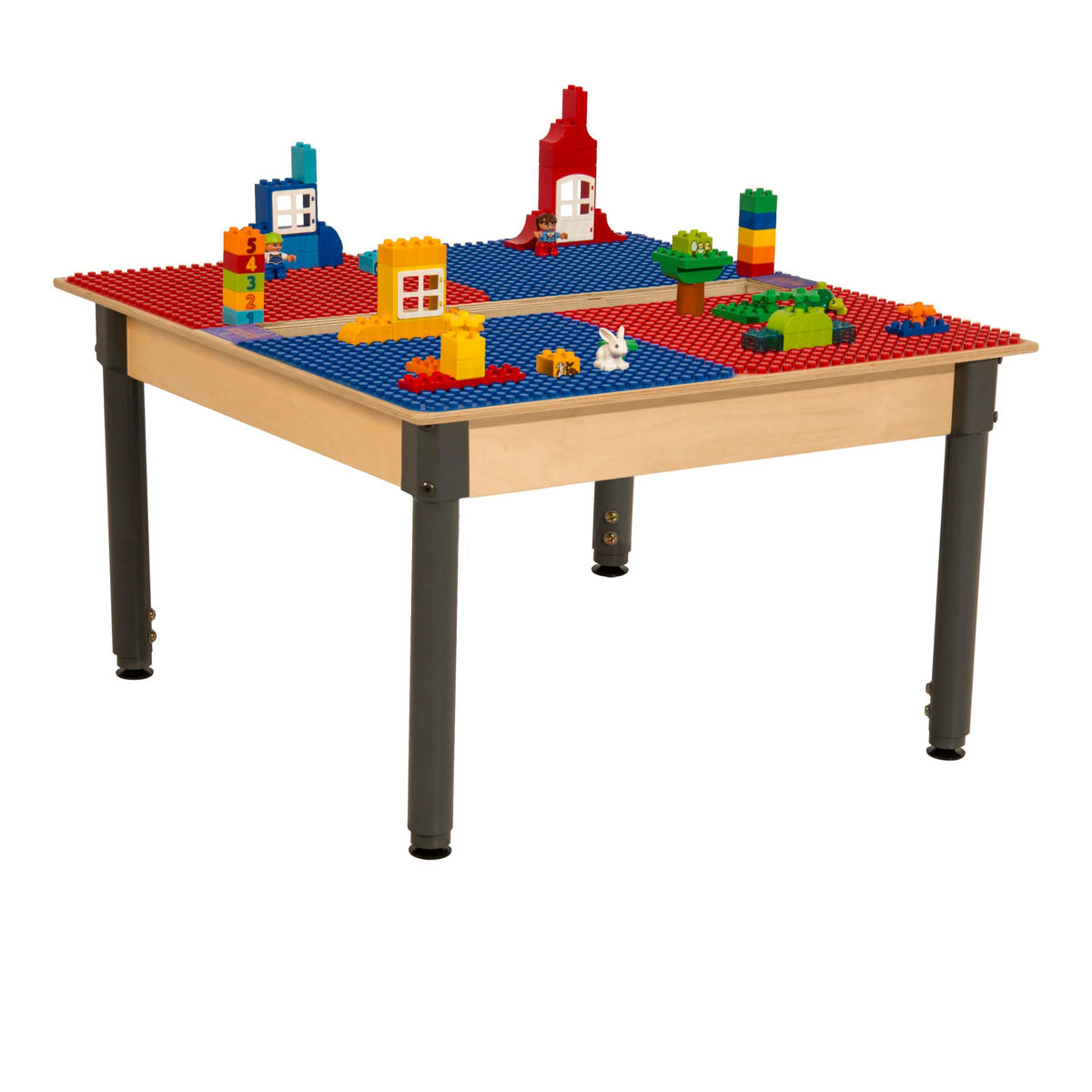 Square Time-2-Play Table with a trough, along with adjustable 18"-29" legs and a DUPLO® Compatible Grid of RED/BLUE Color