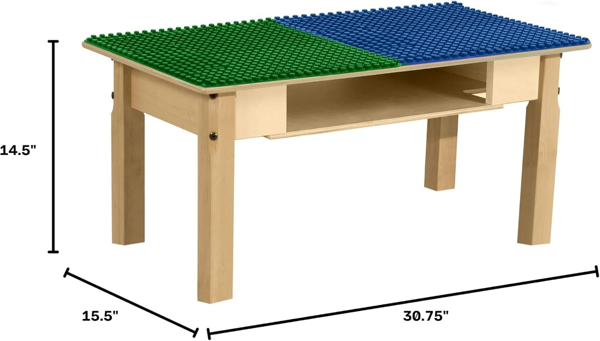 Rectangle Time-2-Play Table with a shelf, along with 14" legs and a DUPLO® Compatible Grid of BLUE/GREEN Color