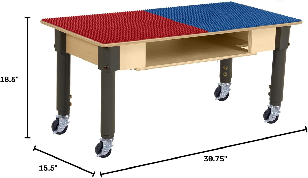 Rectangle Time-2-Play Table with a shelf, along with adjustable 12"-17" legs with locking casters and a LEGO® Compatible Grid of RED/BLUE Color