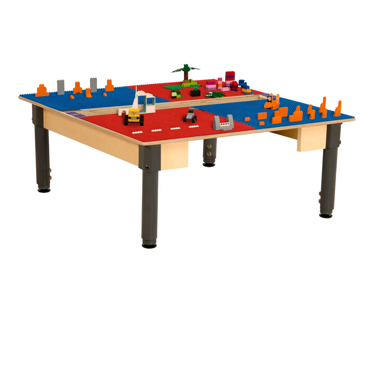 Square Time-2-Play Table with a trough, along with adjustable 12"-17" legs and a LEGO® Compatible Grid of RED/BLUE Color
