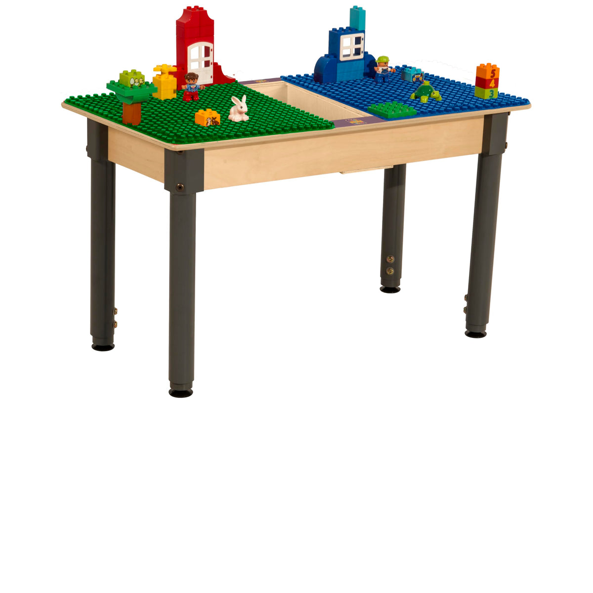 Rectangle Time-2-Play Table with a trough, along with adjustable 18"-29" legs and a DUPLO® Compatible Grid of BLUE/GREEN Color
