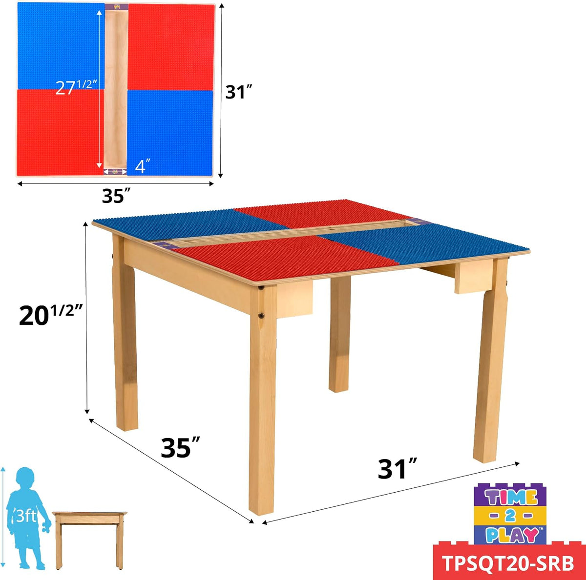 Square Time-2-Play Table with a trough, along with 20" legs and a LEGO® Compatible Grid of RED/BLUE Color