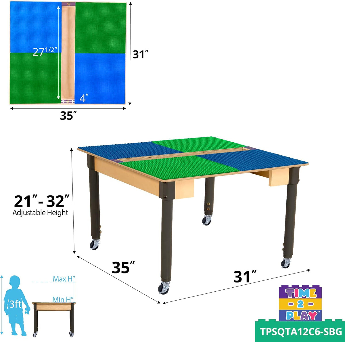 Square Time-2-Play Table with a trough, along with adjustable 18"-29" legs with locking casters and a LEGO® Compatible Grid of BLUE/GREEN Color