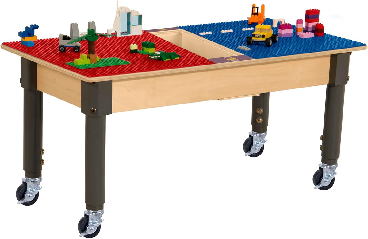 Rectangle Time-2-Play Table with a trough, along with adjustable 12"-17" legs with locking casters and a LEGO® Compatible Grid of RED/BLUE Color