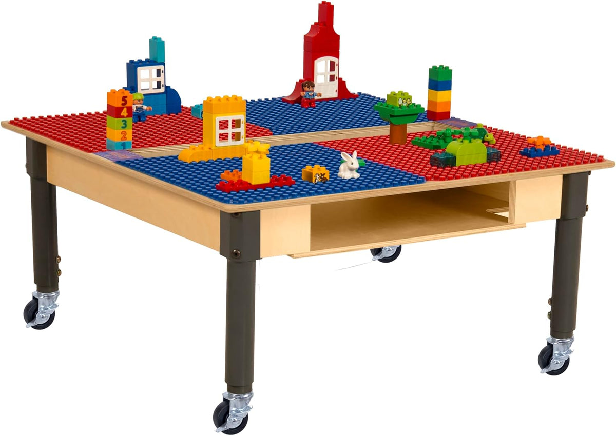 Square Time-2-Play Table with a trough and shelf, along with adjustable 12"-17" legs with locking casters and a DUPLO® Compatible Grid of RED/BLUE Color