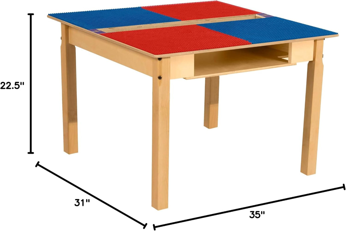 Square Time-2-Play Table with a trough and shelf, along with 22" legs and a LEGO® Compatible Grid of RED/BLUE Color