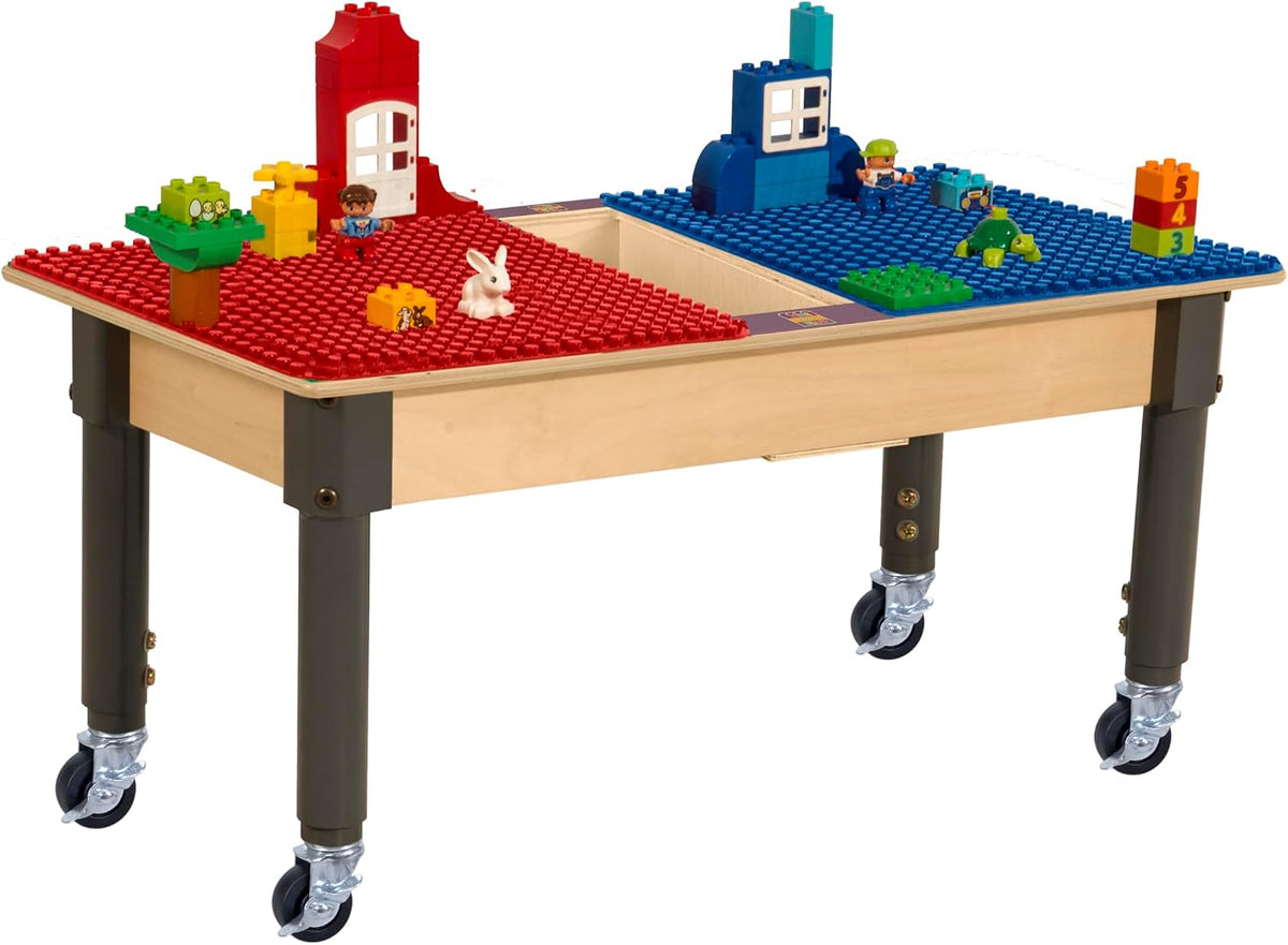 Rectangle Time-2-Play Table with a trough, along with adjustable 12"-17" legs with locking casters and a DUPLO® Compatible Grid of RED/BLUE Color