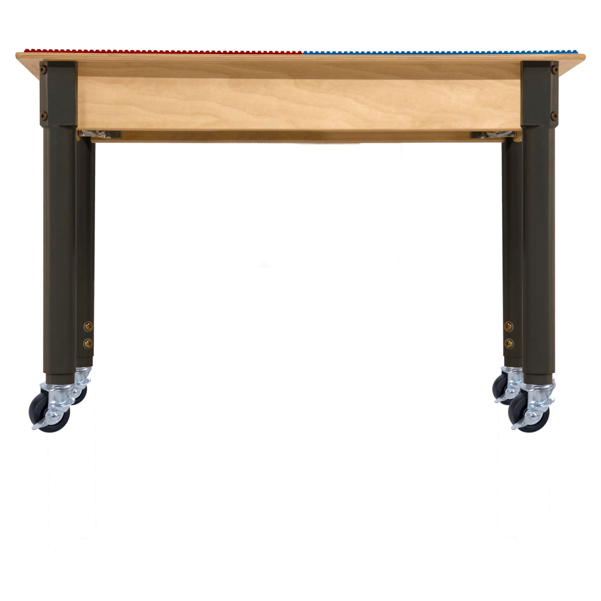 Square Time-2-Play Table with a trough, along with adjustable 18"-29" legs with locking casters and a DUPLO® Compatible Grid of RED/BLUE Color