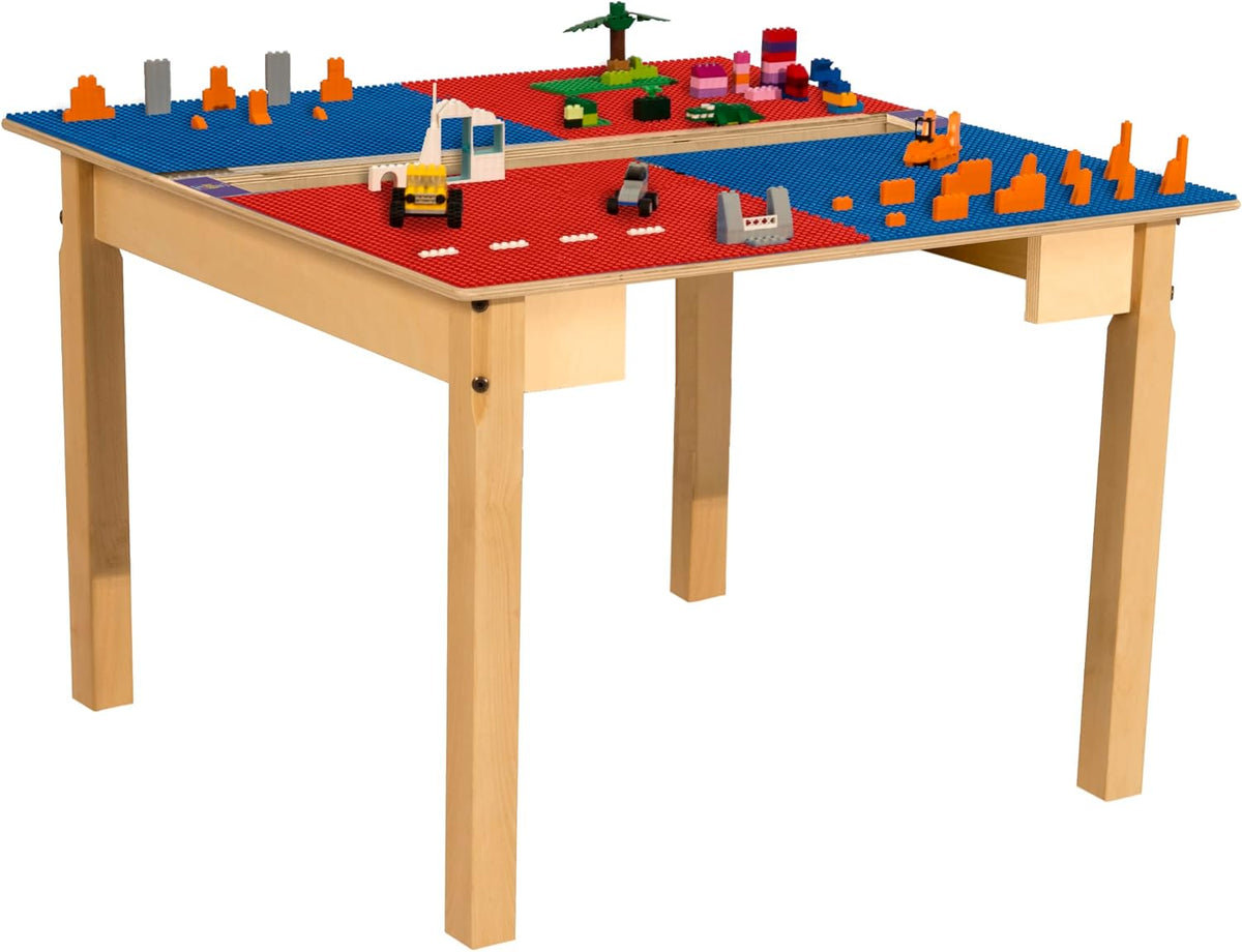 Square Time-2-Play Table with a trough, along with 22" legs and a LEGO® Compatible Grid of RED/BLUE Color