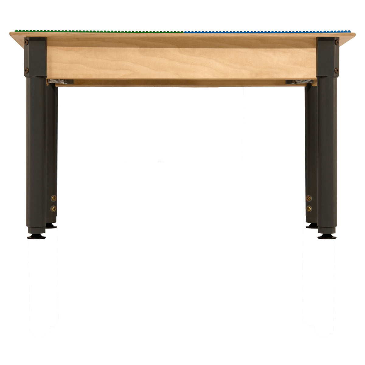 Square Time-2-Play Table with a trough, along with adjustable 18"-29" legs and a DUPLO® Compatible Grid of BLUE/GREEN Color