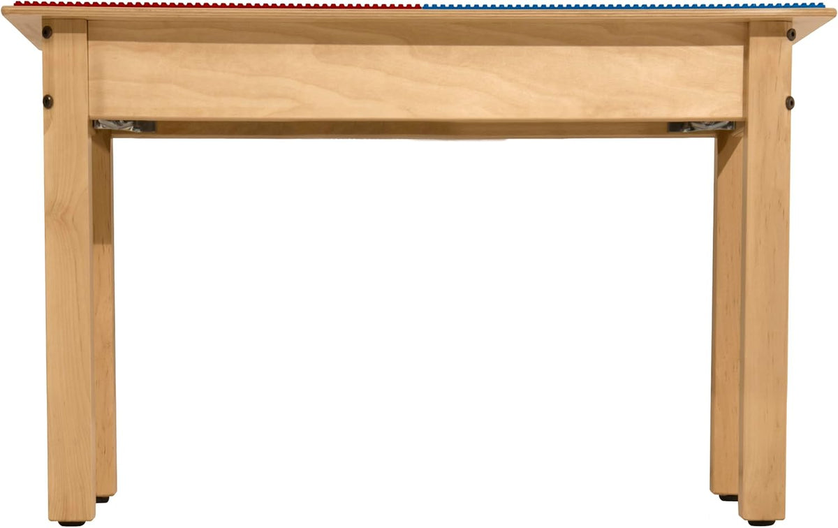 Square Time-2-Play Table with a trough and shelf, along with 16" legs and a DUPLO® Compatible Grid of RED/BLUE Color