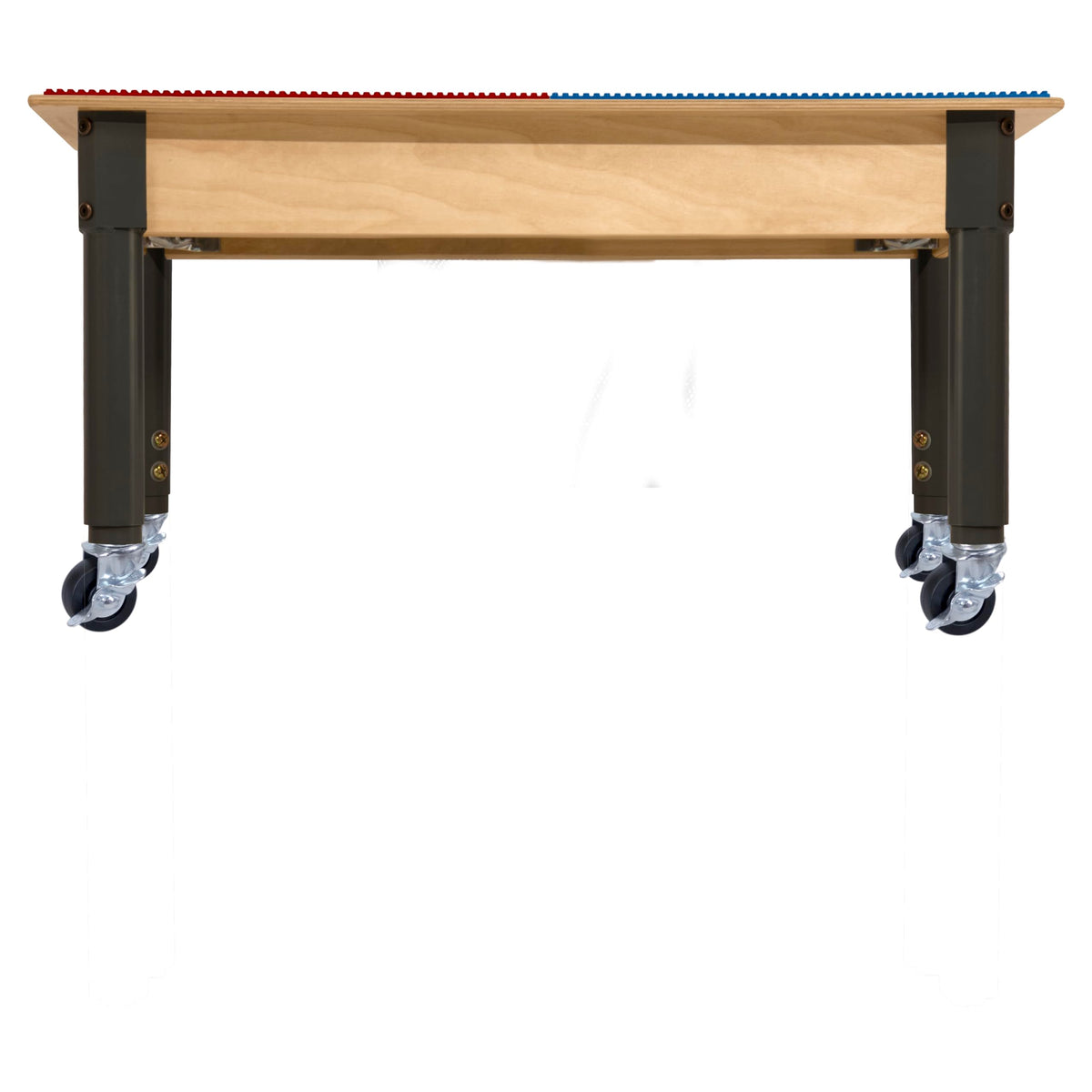 Square Time-2-Play Table with a trough, along with adjustable 12"-17" legs with locking casters and a DUPLO® Compatible Grid of RED/BLUE Color