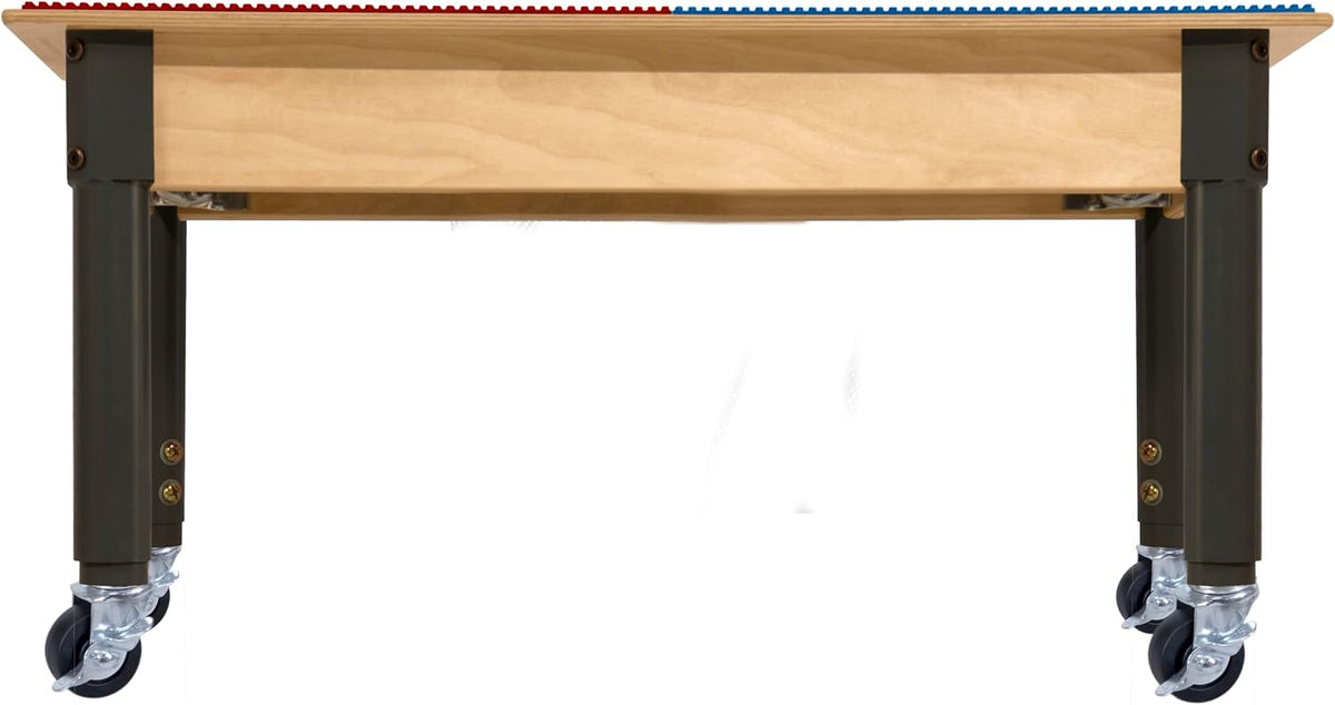 Square Time-2-Play Table with a trough and shelf, along with adjustable 12"-17" legs with locking casters and a LEGO® Compatible Grid of RED/BLUE Color