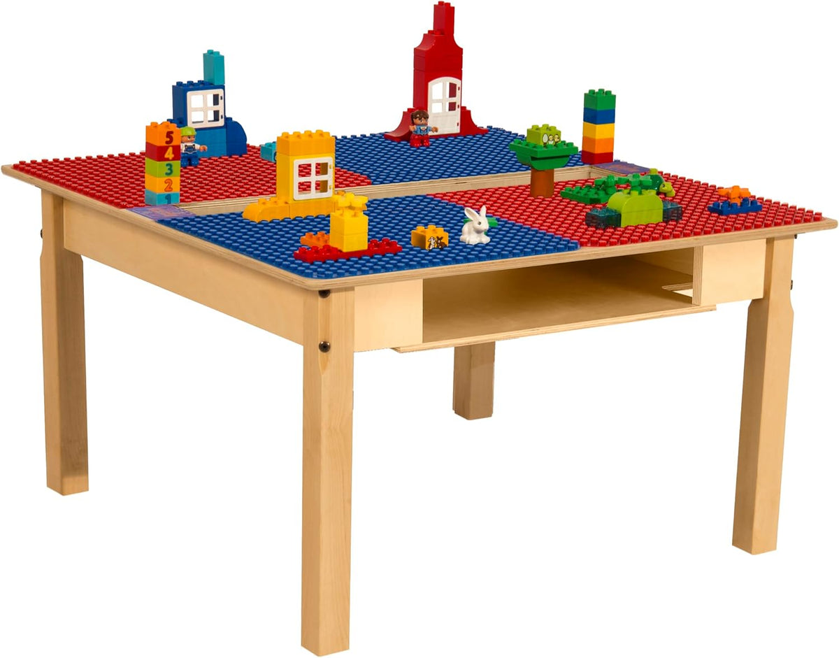 Square Time-2-Play Table with a trough and shelf, along with 20" legs and a DUPLO® Compatible Grid of RED/BLUE Color