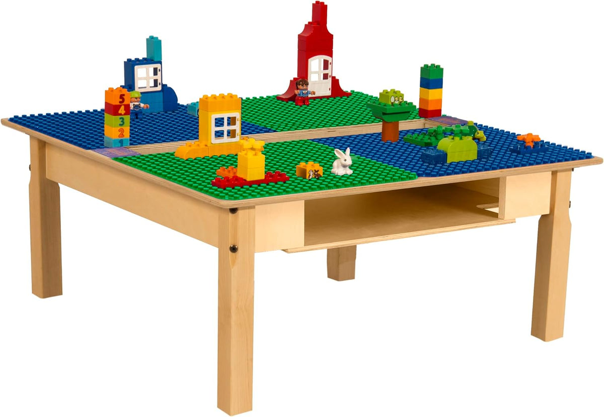 Square Time-2-Play Table with a trough and shelf, along with 14" legs and a DUPLO® Compatible Grid of BLUE/GREEN Color